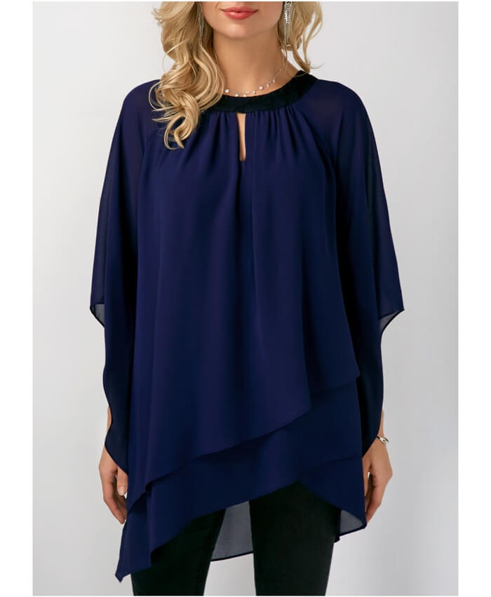 Navy Blue Keyhole Neckline Asymmetric Hem Blouse